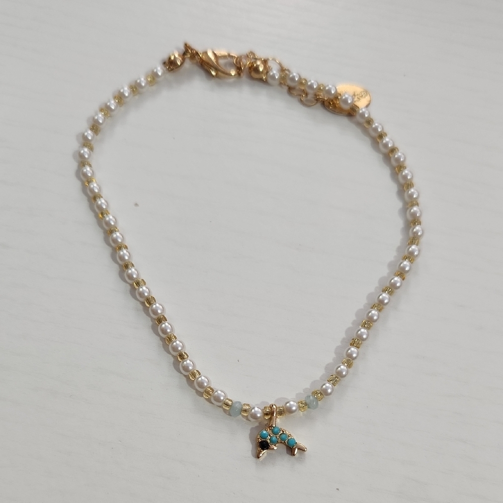 Gold and Pearl Beaded Anklet with Turquoise Charm